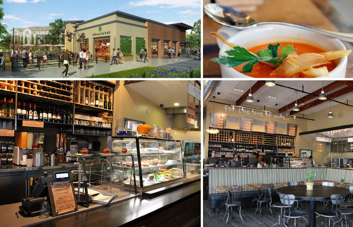 collage of four photos from farm-to-table restaurant Urban Plates: a cup of tomato soup, a outside shot of the restaurant and two images of a cafe inside