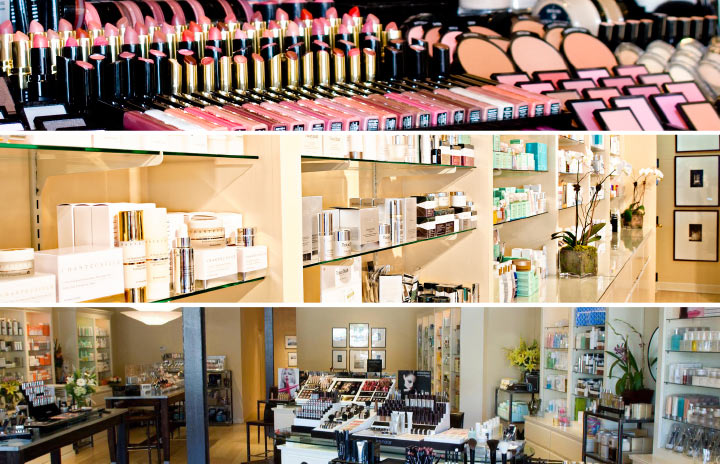 collage of beauty products inside Woo Skincare + Cosmetics at Paces Ferry Plaza