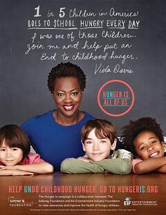 viola davis safeway albertsons child hunger promotional flyer to end hunger. viola davis is with 3 children with a statistic in the background