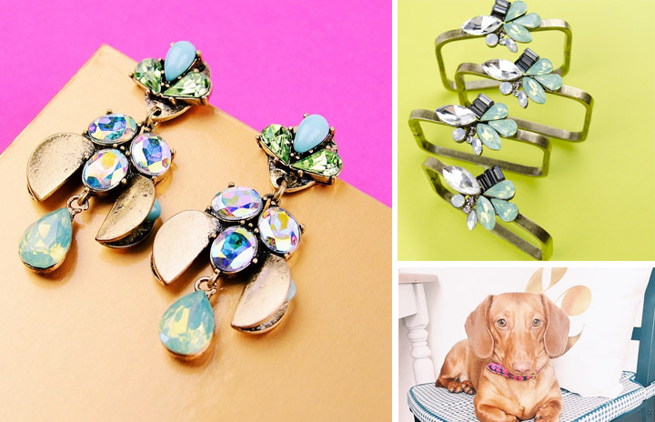 Collage of Moon and Lola shop with jeweled earrings and a puppy