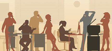 2d drawing in red, gold and gray tones of silhouettes in a workplace environment