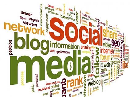 social media marketing word cloud with the big words being social, media, blog, share, seo, network, follow and like