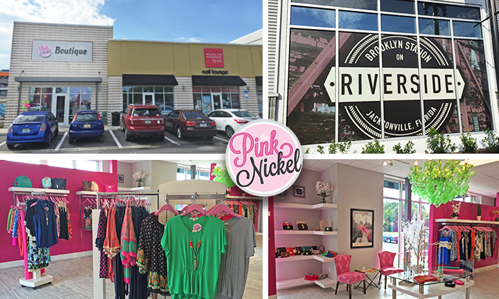 Pink Nickel Collage of store front in riverside and inside the clothing store with racks of bright clothes