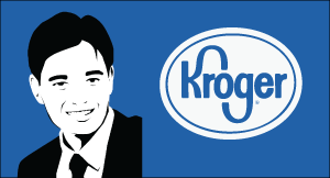 blue background with black and white cartoon style headshot of a man with white kroger logo on the right side