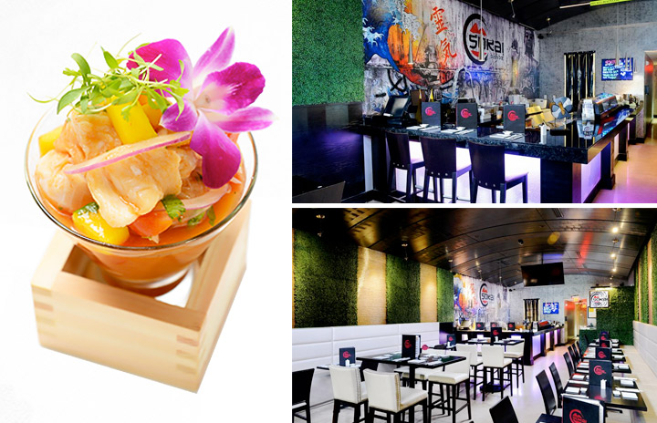 Image collage of Sokai Sushi with ceviche like appetizer and images of inside the chic restaurant