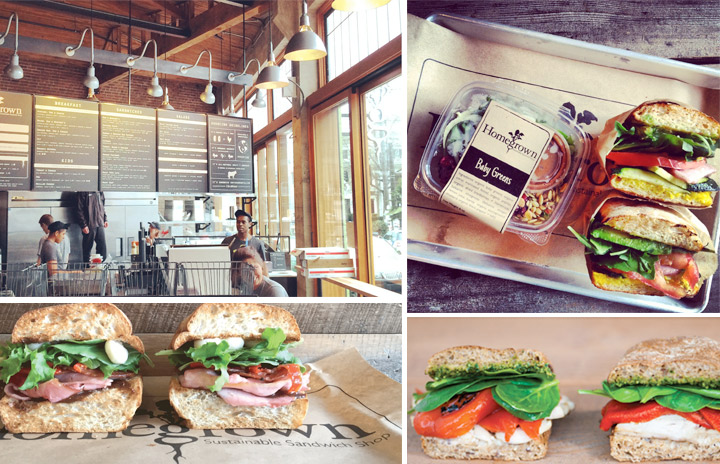 Collage of Home Grown restaurant with sandwiches and to-go lunches along with their menu on the inside of the restaurant