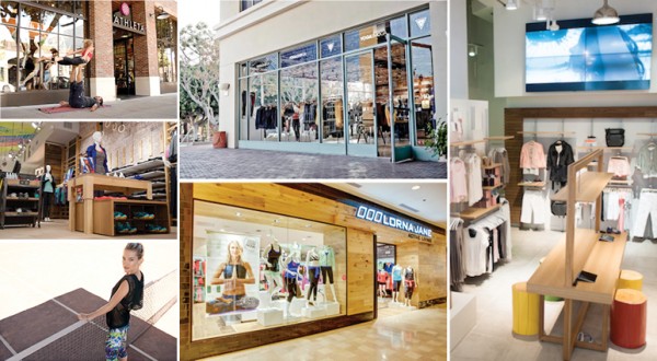 Collage of storefronts, a woman posing in workout clothes and clothes on display hanging in a store. 