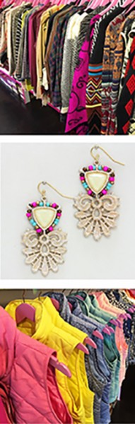 Image of clothing racks and earrings that can be found at Pink Nickel