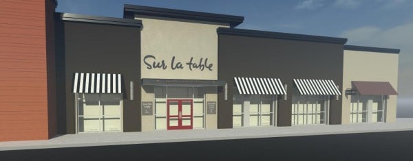 Rendering of Sur La Table store front within a plaza
