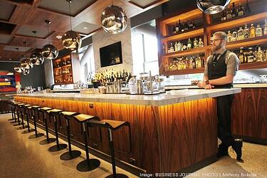 fancy bar inside Nordstrom with sleek and modern detailing with bartender behind the bar