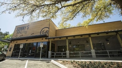 exterior of a redesigned Sonny's BBQ restaurant 