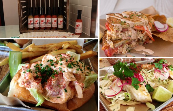 Photo collage of bottled sauces, sandwiches and fish tacos.