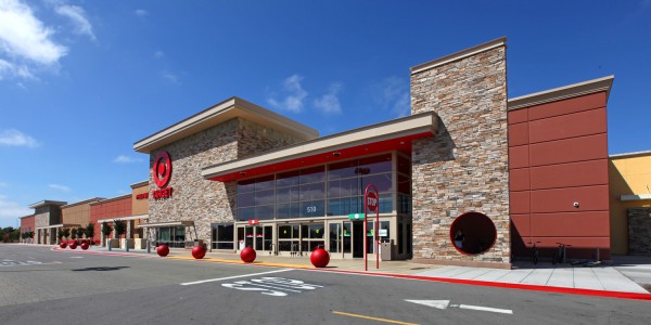 Target store front with bright blue skies and brick detailing