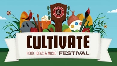 promo logo for Chipotle's Cultivate Festival, which features food, ideas & music 