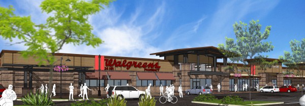 rendering of a walgreens store front in a plaza