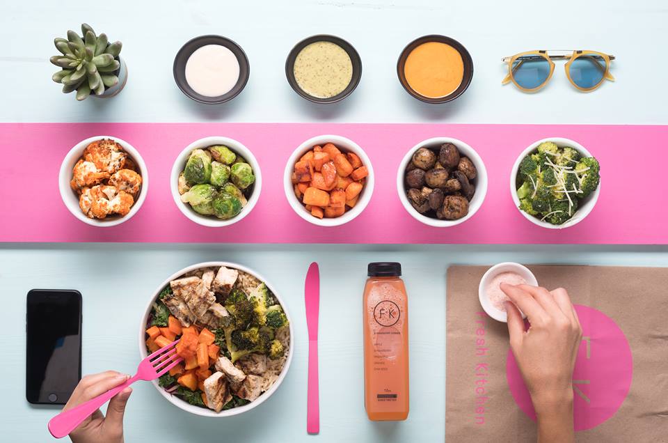 Overhead shot of bowls of ingredients on display from Fresh Kitchen