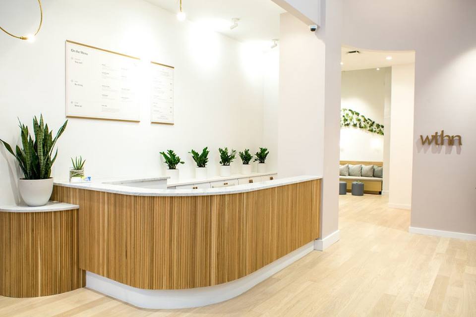 The reception desk in WTHN acupuncture studio, with green plants behind  the desk. 