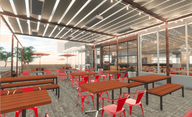 Rendering of long wooden tables and red chairs in an outside eating area at a Next Door restaurant.  