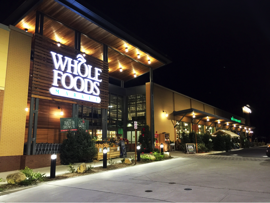 Whole Foods storefront at night. 