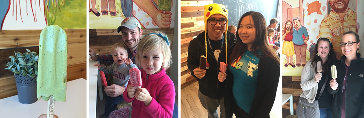 Photo collage of customers inside of Hyppo store with their new popsicles