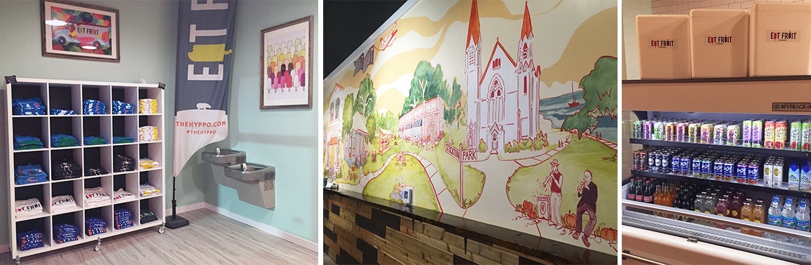 collage of a mural from within the store, the merchandise section of the store, and their open cooler