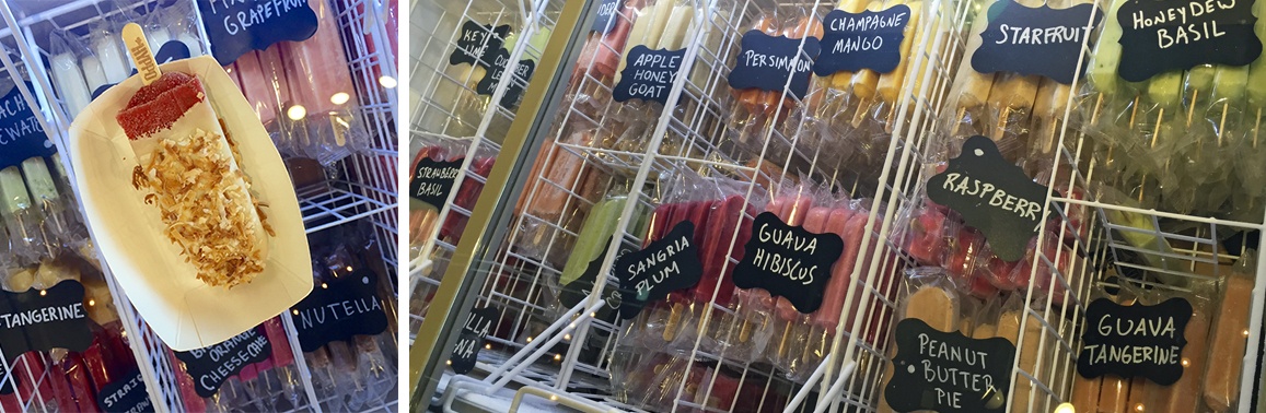 a Hyppo popsicle with coconut shavings in a tray and a picture of a cooler with a variety of flavor popsicles