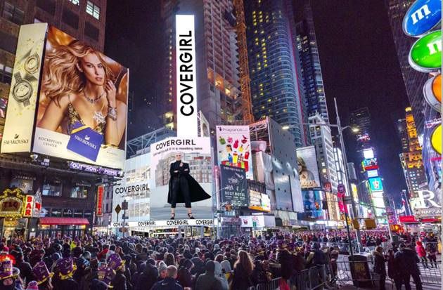 CoverGirl storefront in Times Square with a sea of people in the streets. 