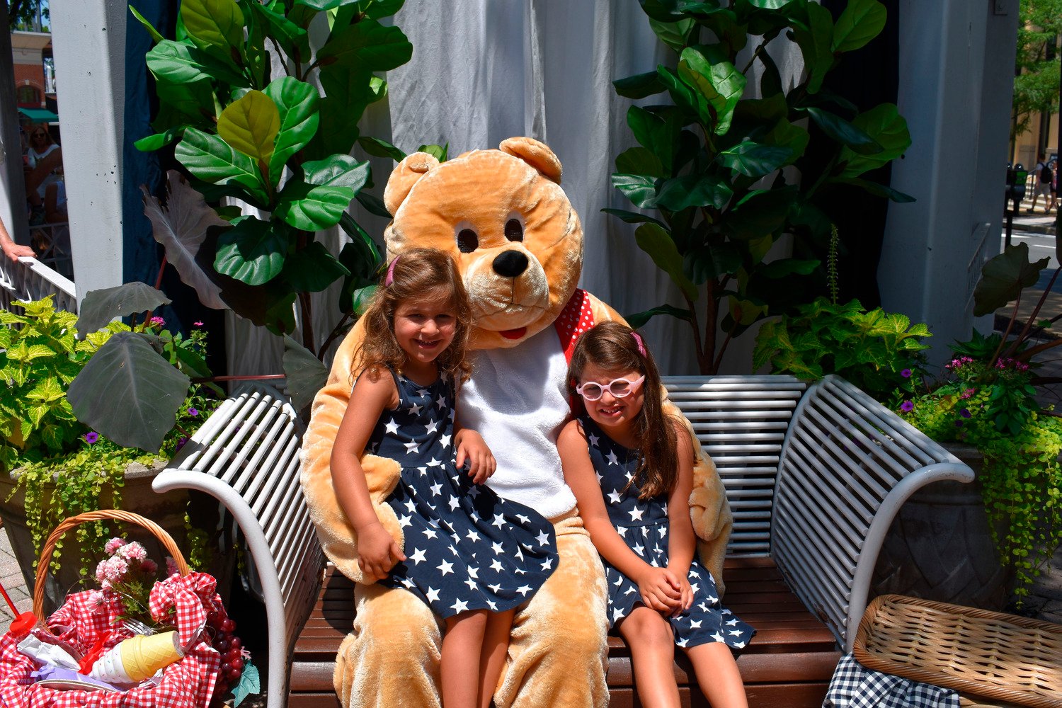 Teddy Bear Picnic sisters in matching dresses 