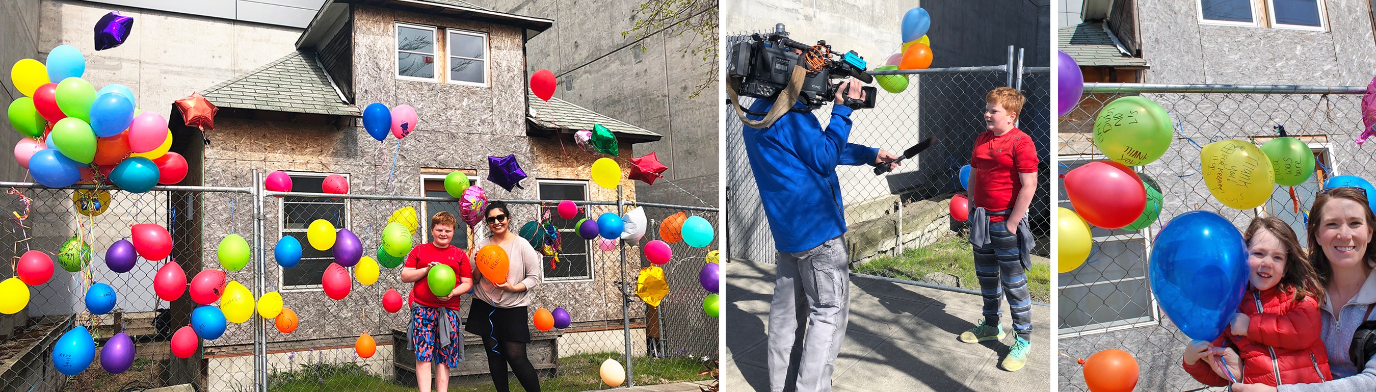 highlights from No Demo Day with bright colorful balloons and a child being interviewed.