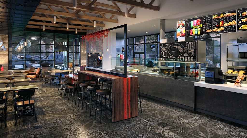 Interior rendering of Taco Bell's Modern Explorer design, including the ordering counter.  