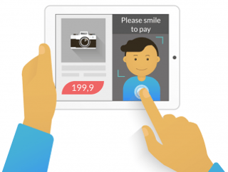 Illustration of a man using face recognition software to pay for something on his tablet. 