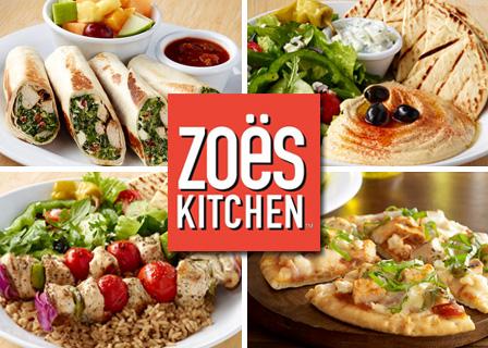 Zoes Kitchen logo on top of  a collage of various food  Zoes sells. 