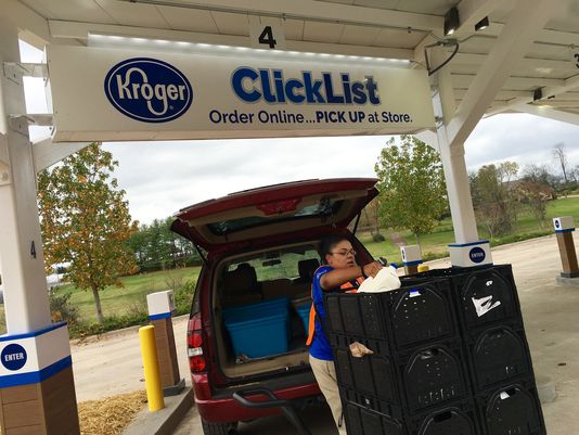 Kroger employee loading up a car with groceries with the ClickList sign above the car