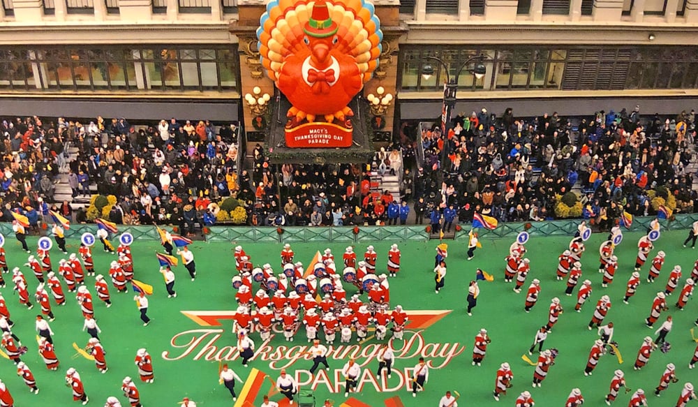 Birds Eye View of Marching Band on Street