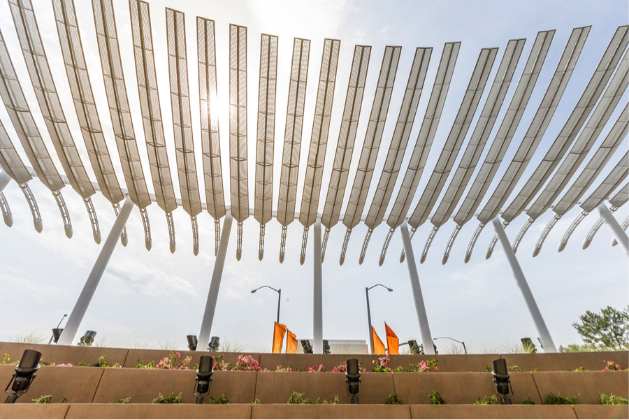 The outside venue with a pergola type roof. 