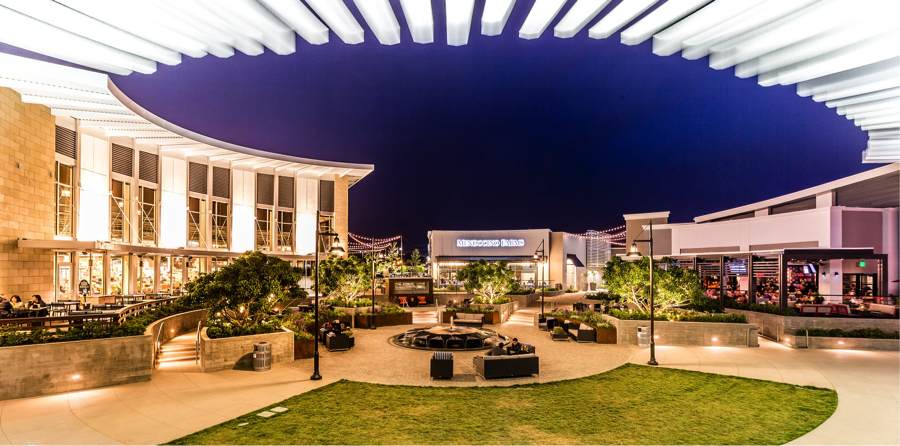 Outside seating area at night.