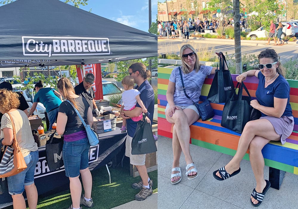 City Barbeque tasting and painted benches with ladies sitting