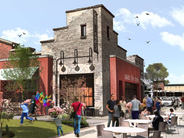Rendering of an Urban Dish storefront at Mellody Farm with shoppers sitting at tables outside. 