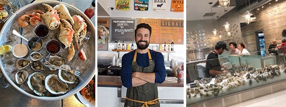 Three images of oysters, a chef and inside restaurant. 