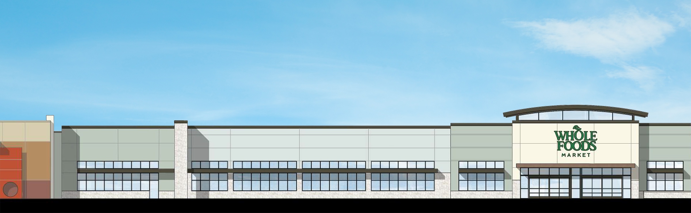 Rendering of a Whole Foods Market and various side-by-side storefronts 