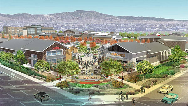 Rendering of The Village at Tustin with mountains in the distance