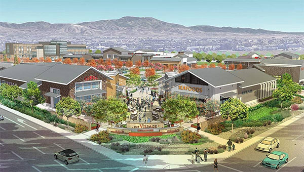 Rendering of The Village at Tustin with mountains in the distance. 