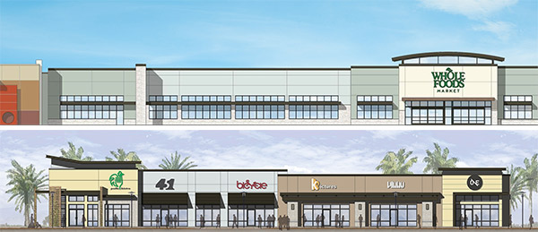 Rendering of a Whole Foods Market and various side-by-side storefronts 