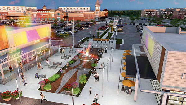 Rendering of shoppers walking around The Field at Commonwealth
