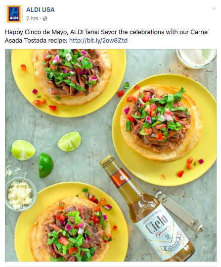 Screen Shot 2017-05-05 at 1.47.50 PM.png An Aldi's Facebook picture of three plates of tostadas, lime wedges, bottle opener and a Mexican beer