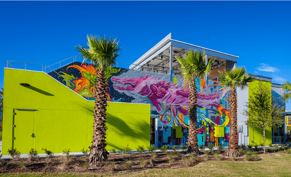 Shaun Thurston Mural that features a purple alligator and a green sea turtle