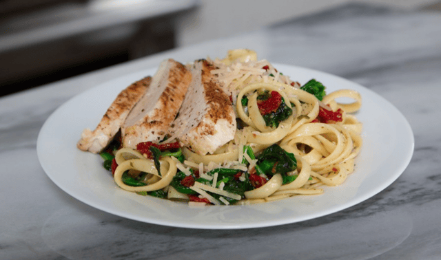 Plate of chicken and pasta. 
