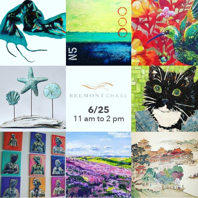 Collage of various artwork from local artists, including paintings and a sculpture of seashells. 
