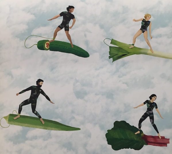Illustration of four surfers surfing through clouds on large vegetables instead of surfboards. 