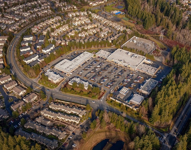 Aerial view of Klahanie Shopping Center and nearby homes. 